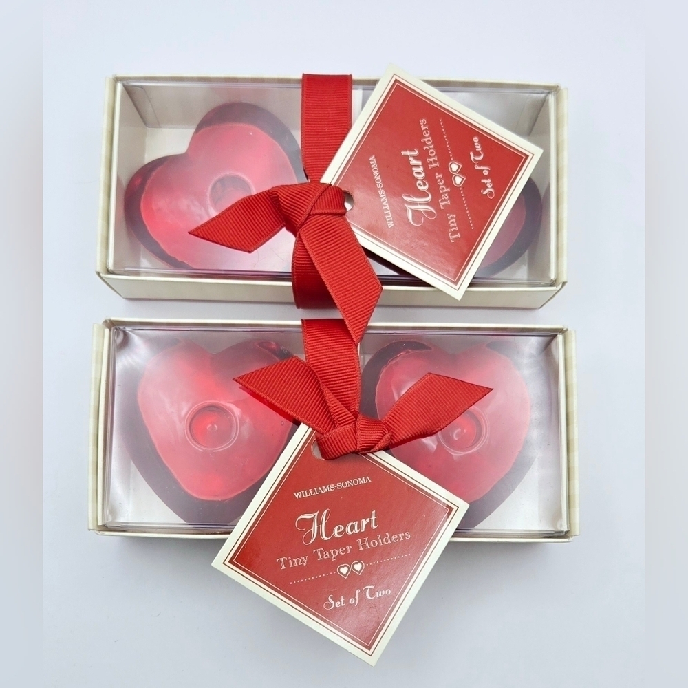 Williams Sonoma Red Glass Heart Mini Taper Candle Holders Set of 4